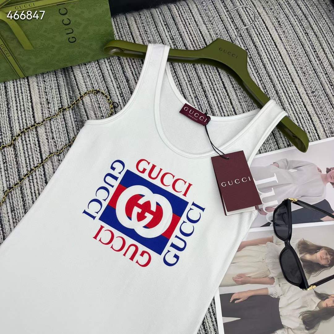 Gucci Men GG Rib Cotton Tank Top Gucci Print White Scoop Neck Sleeveless