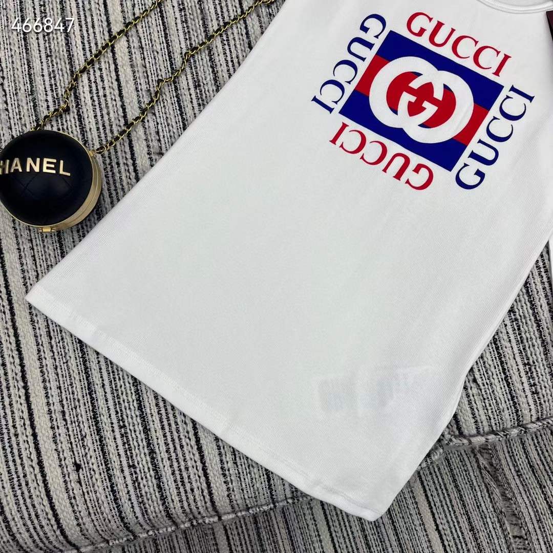 Gucci Men GG Rib Cotton Tank Top Gucci Print White Scoop Neck Sleeveless