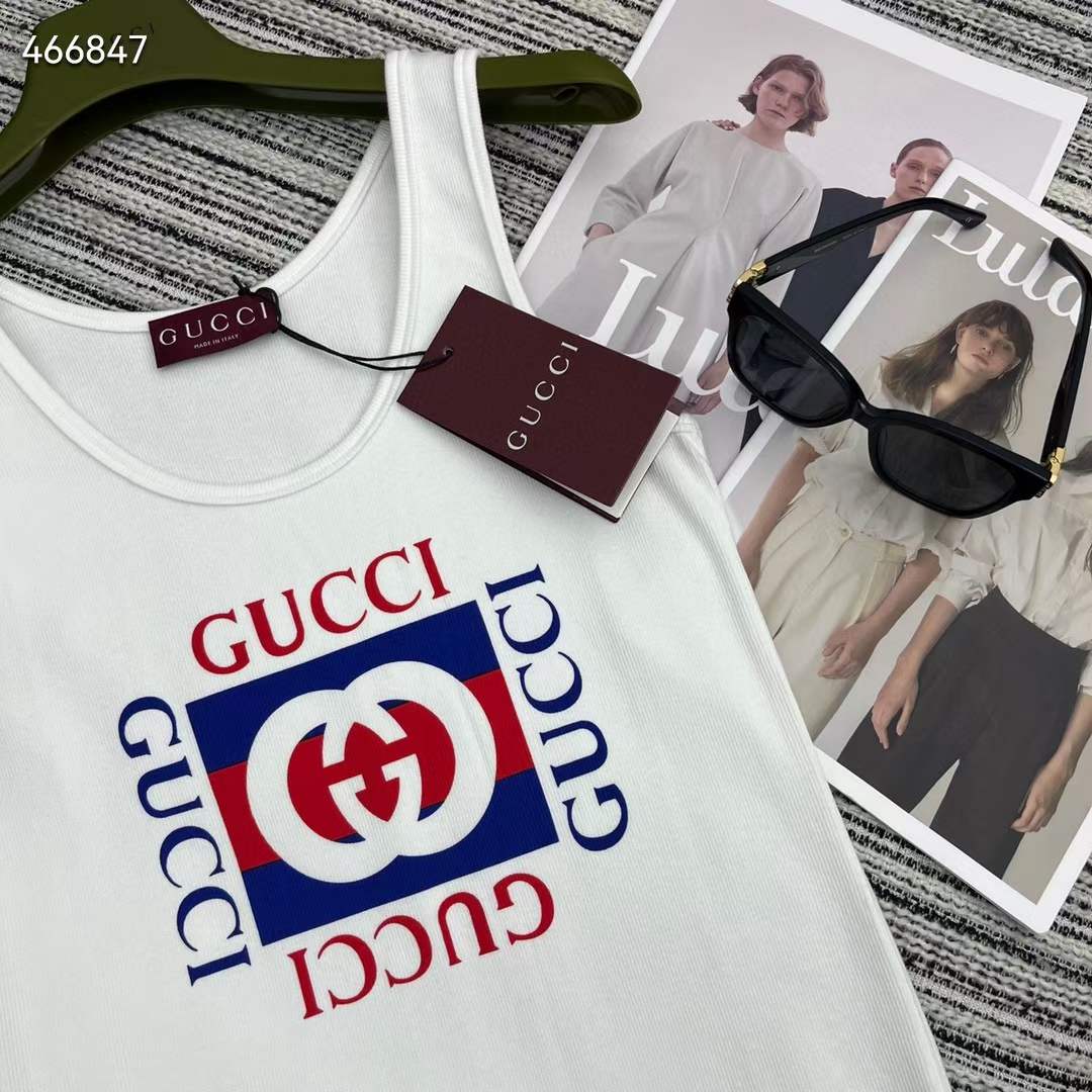 Gucci Men GG Rib Cotton Tank Top Gucci Print White Scoop Neck Sleeveless