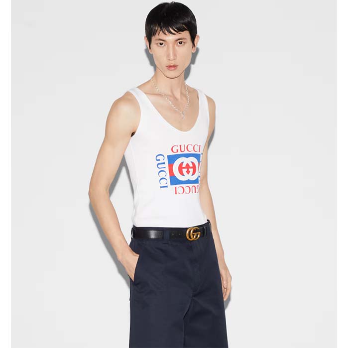 Gucci Men GG Rib Cotton Tank Top Gucci Print White Scoop Neck Sleeveless