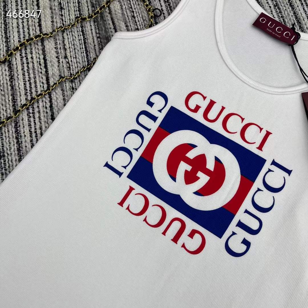 Gucci Men GG Rib Cotton Tank Top Gucci Print White Scoop Neck Sleeveless