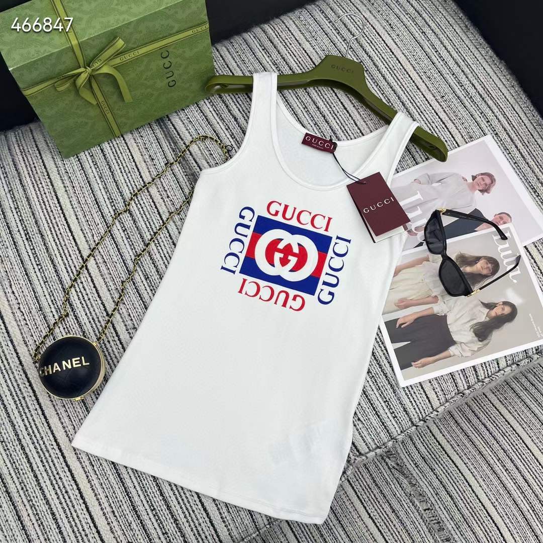 Gucci Men GG Rib Cotton Tank Top Gucci Print White Scoop Neck Sleeveless