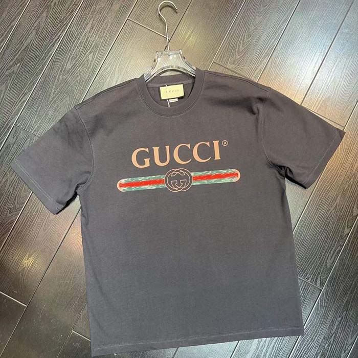 Gucci Men GG Washed T-Shirt Gucci Logo Black Crewneck Oversize Fit