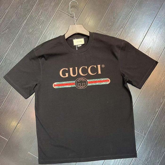 Gucci Men GG Washed T-Shirt Gucci Logo Black Crewneck Oversize Fit