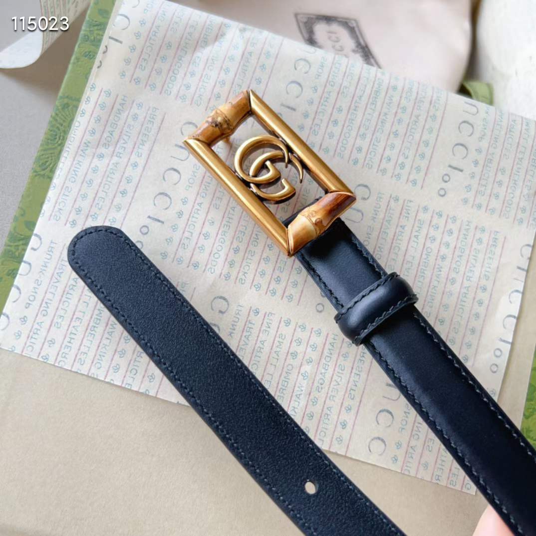 Gucci Unisex GG Belt Double G Buckle Bamboo Black Leather 1.8 CM Width