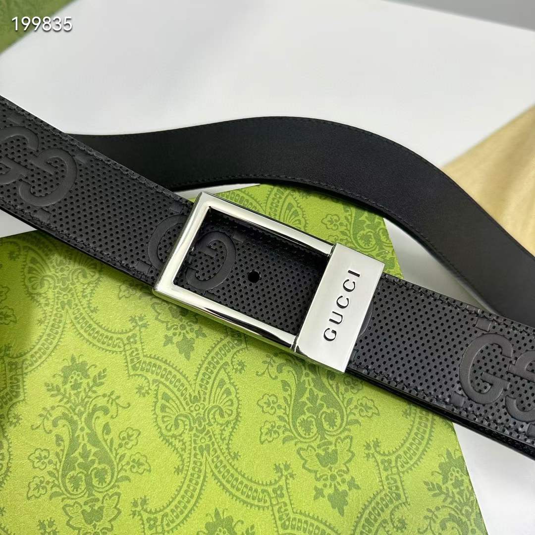 Gucci Unisex GG Belt Rectangular Buckle Black Leather 3.6 CM Width