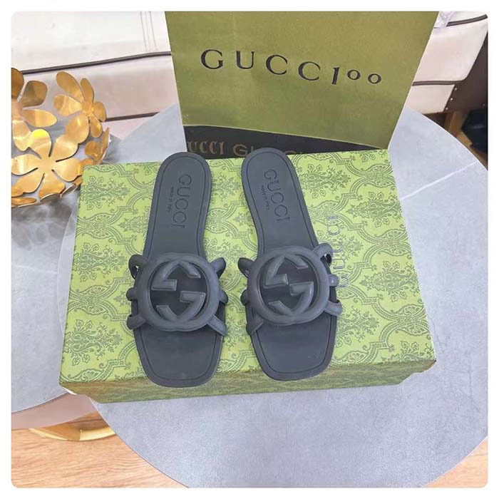 Gucci Unisex GG Interlocking G Slide Sandal Black Rubber Flat