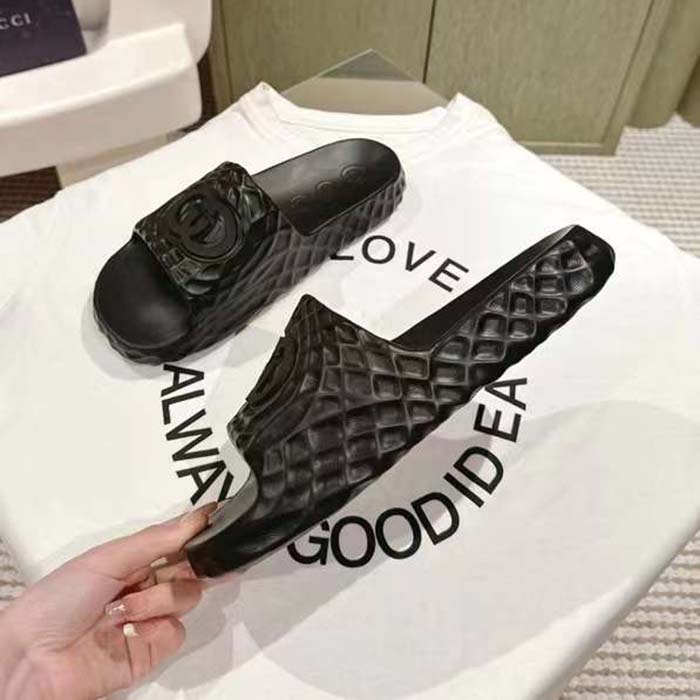 Gucci Unisex GG Interlocking G Slide Sandal Black Textured Rubber