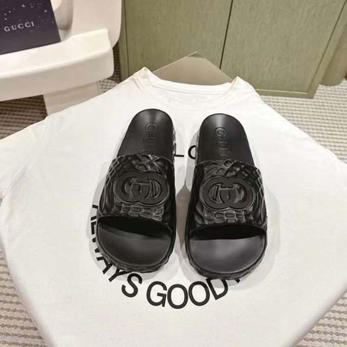 Gucci Unisex GG Interlocking G Slide Sandal Black Textured Rubber