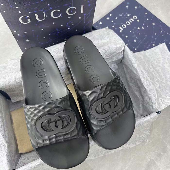 Gucci Unisex GG Interlocking G Slide Sandal Black Textured Rubber