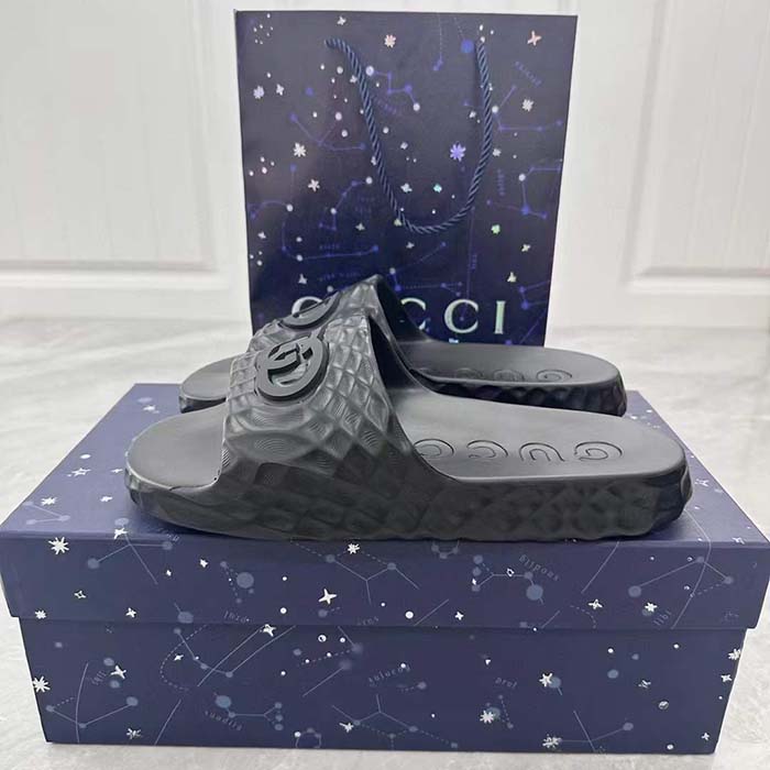 Gucci Unisex GG Interlocking G Slide Sandal Black Textured Rubber