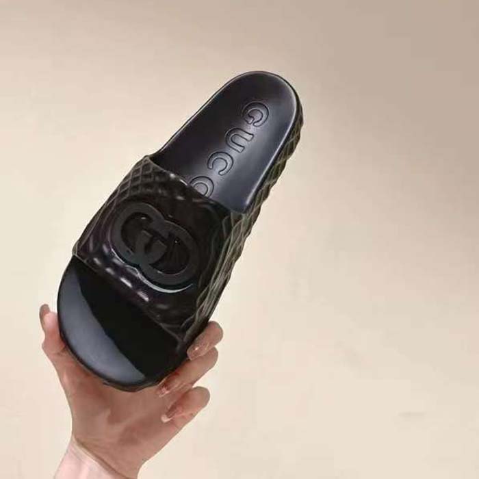 Gucci Unisex GG Interlocking G Slide Sandal Black Textured Rubber