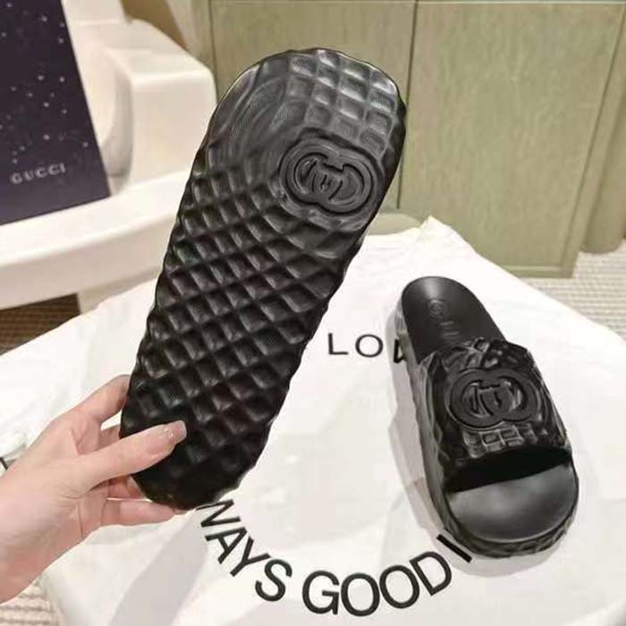 Gucci Unisex GG Interlocking G Slide Sandal Black Textured Rubber