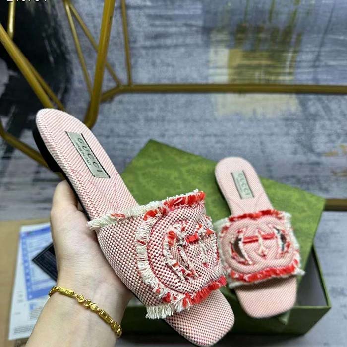 Gucci Unisex GG Interlocking G Slide Sandal Fuchsia Canvas Leather Flat