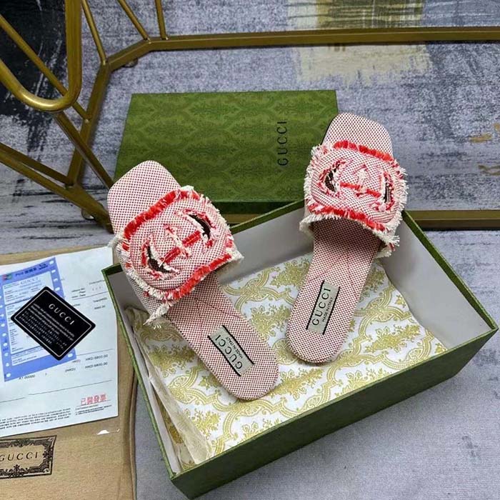 Gucci Unisex GG Interlocking G Slide Sandal Fuchsia Canvas Leather Flat