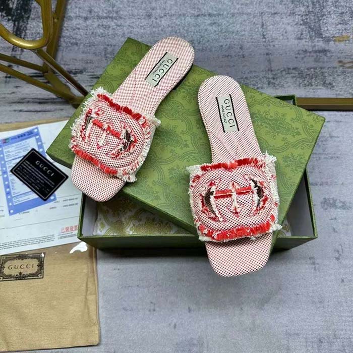 Gucci Unisex GG Interlocking G Slide Sandal Fuchsia Canvas Leather Flat