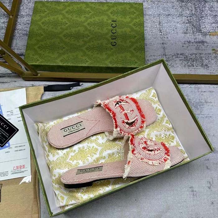 Gucci Unisex GG Interlocking G Slide Sandal Fuchsia Canvas Leather Flat