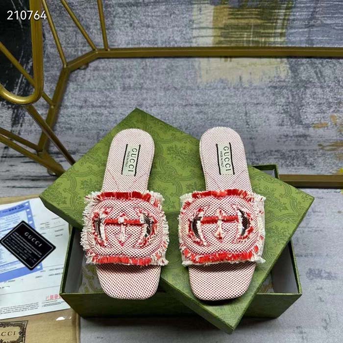 Gucci Unisex GG Interlocking G Slide Sandal Fuchsia Canvas Leather Flat