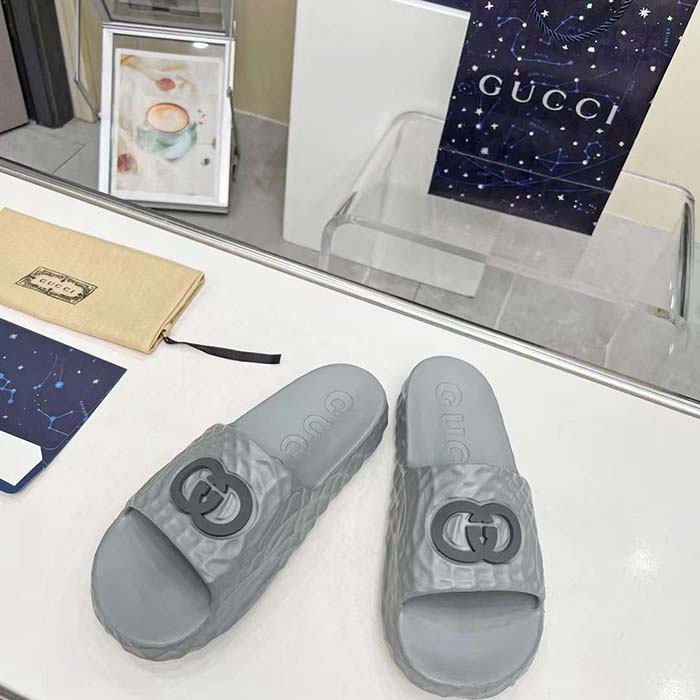 Gucci Unisex GG Interlocking G Slide Sandal Grey Textured Rubber