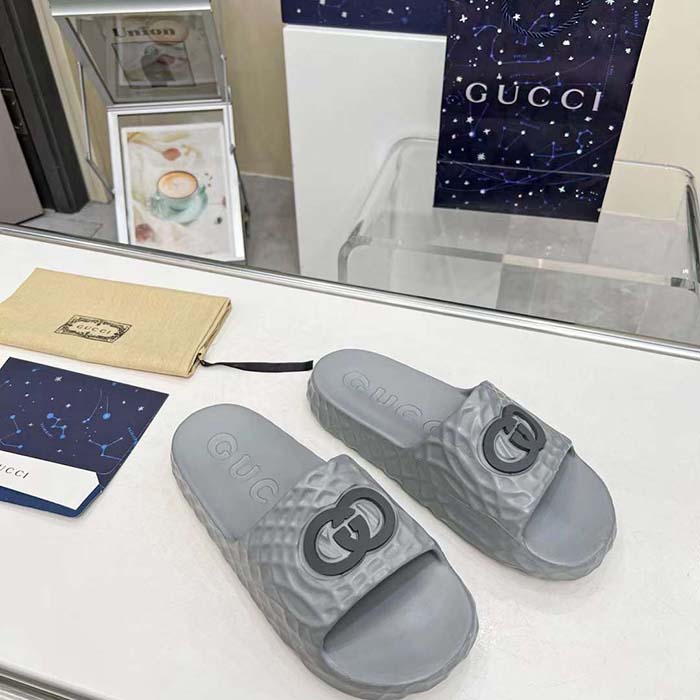 Gucci Unisex GG Interlocking G Slide Sandal Grey Textured Rubber