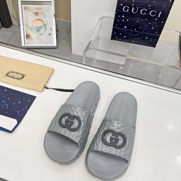 Gucci Unisex GG Interlocking G Slide Sandal Grey Textured Rubber