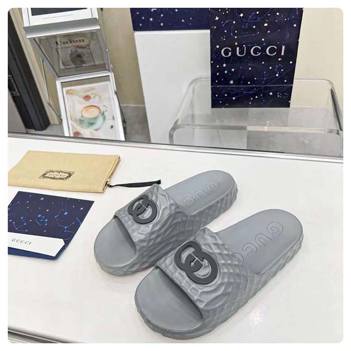 Gucci Unisex GG Interlocking G Slide Sandal Grey Textured Rubber