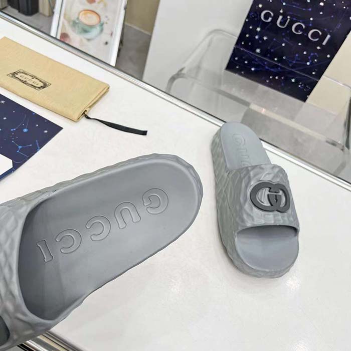 Gucci Unisex GG Interlocking G Slide Sandal Grey Textured Rubber
