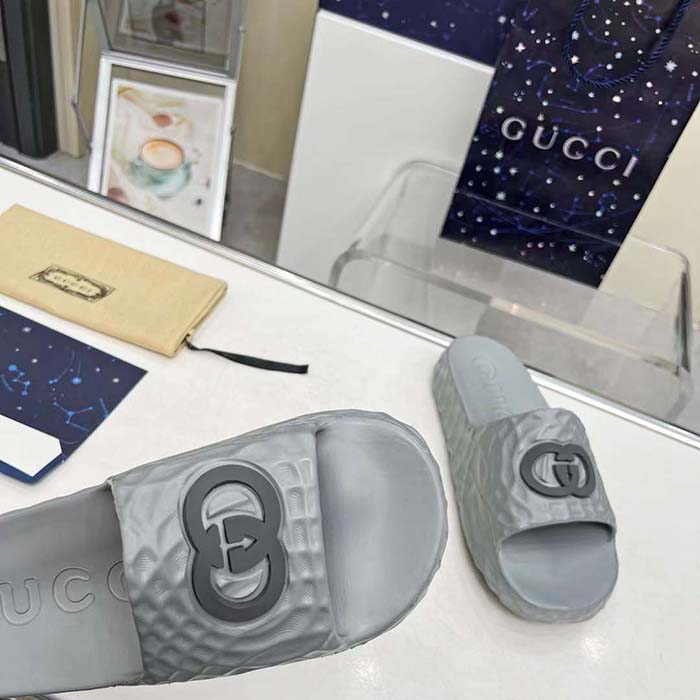 Gucci Unisex GG Interlocking G Slide Sandal Grey Textured Rubber