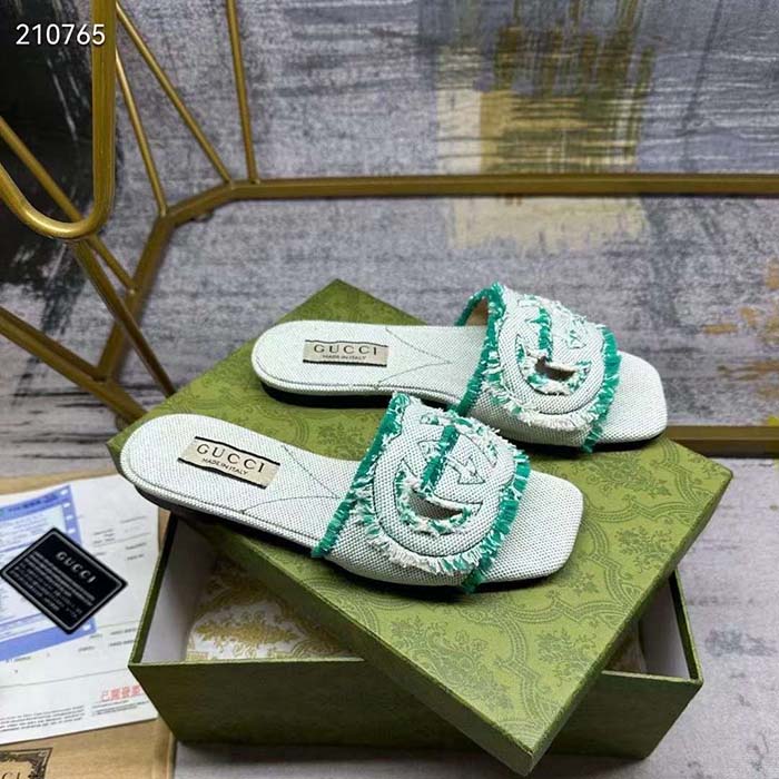 Gucci Unisex GG Interlocking G Slide Sandal Light Aquamarine Canvas Leather Flat