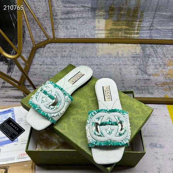 Gucci Unisex GG Interlocking G Slide Sandal Light Aquamarine Canvas Leather Flat