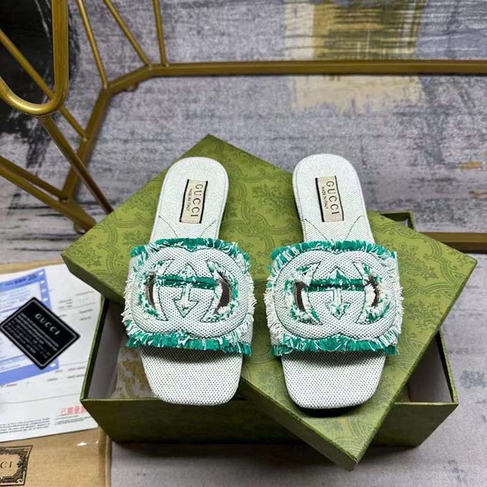 Gucci Unisex GG Interlocking G Slide Sandal Light Aquamarine Canvas Leather Flat