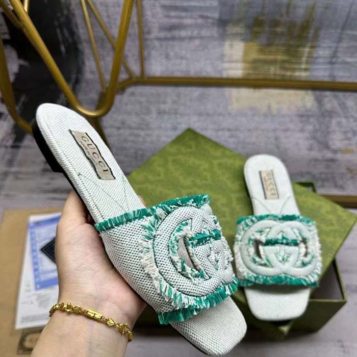 Gucci Unisex GG Interlocking G Slide Sandal Light Aquamarine Canvas Leather Flat