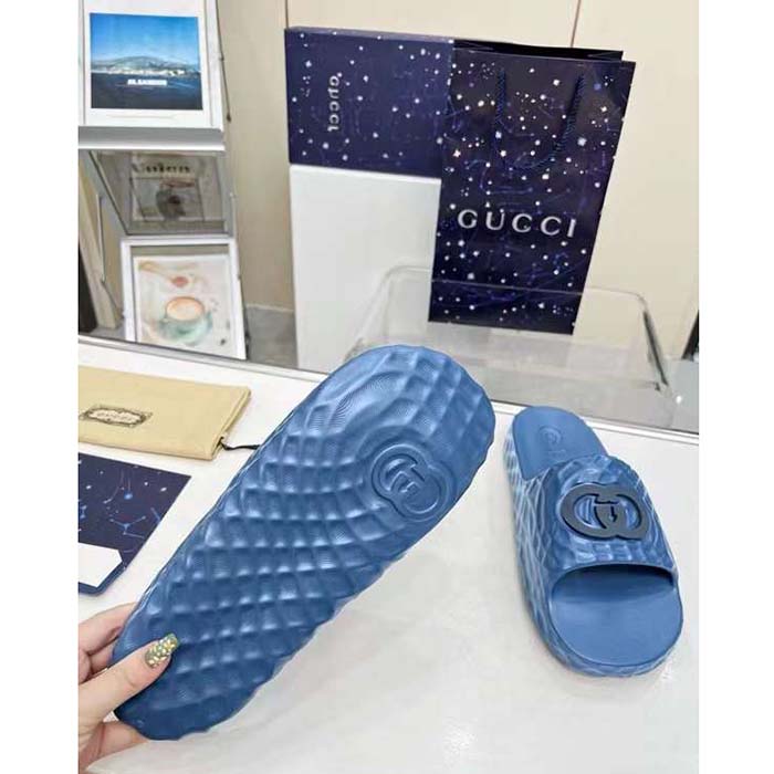 Gucci Unisex GG Interlocking G Slide Sandal Light Blue Textured Rubber