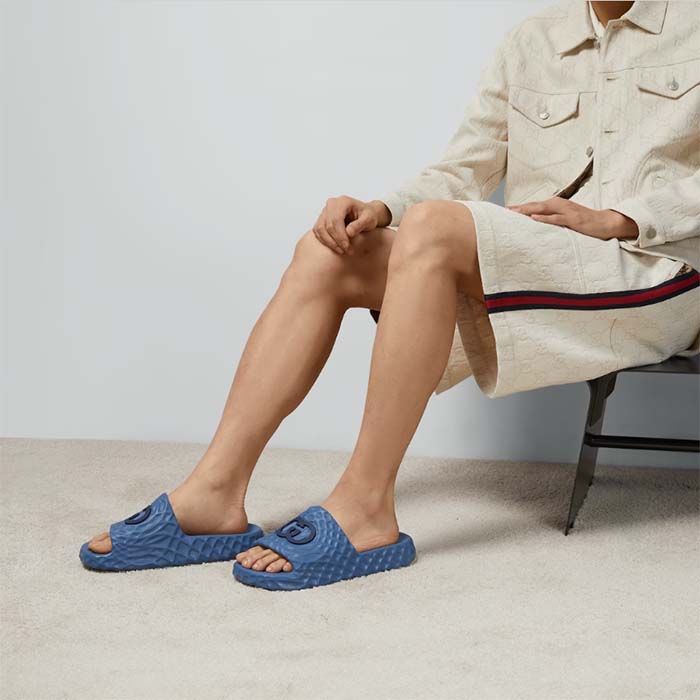 Gucci Unisex GG Interlocking G Slide Sandal Light Blue Textured Rubber
