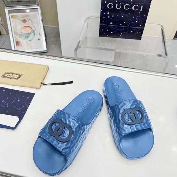 Gucci Unisex GG Interlocking G Slide Sandal Light Blue Textured Rubber