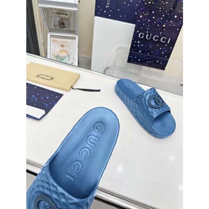 Gucci Unisex GG Interlocking G Slide Sandal Light Blue Textured Rubber