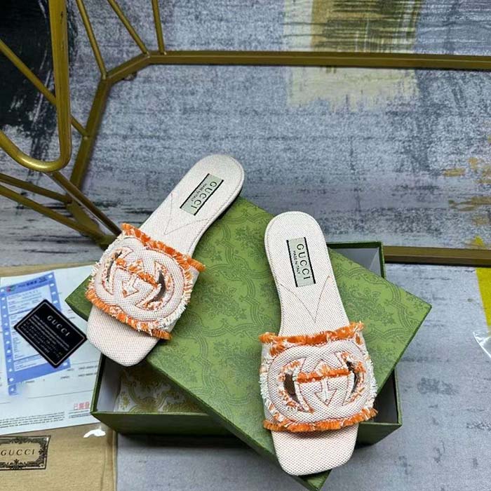 Gucci Unisex GG Interlocking G Slide Sandal Orange Canvas Leather Flat