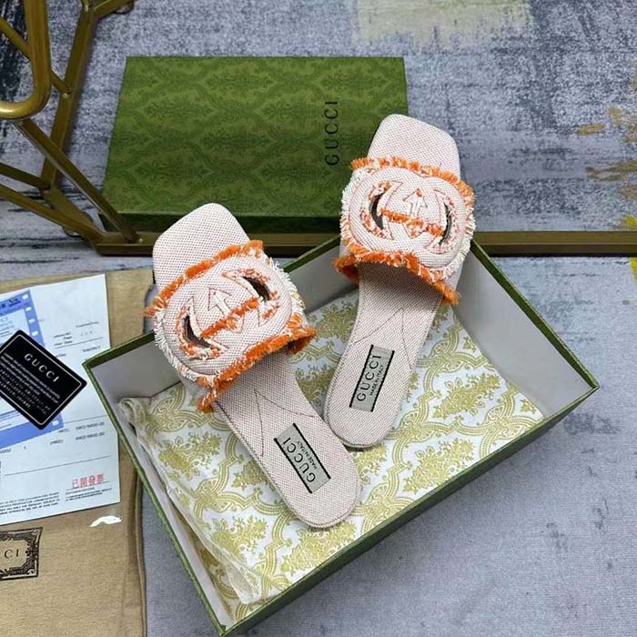 Gucci Unisex GG Interlocking G Slide Sandal Orange Canvas Leather Flat