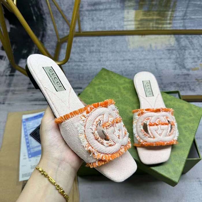 Gucci Unisex GG Interlocking G Slide Sandal Orange Canvas Leather Flat