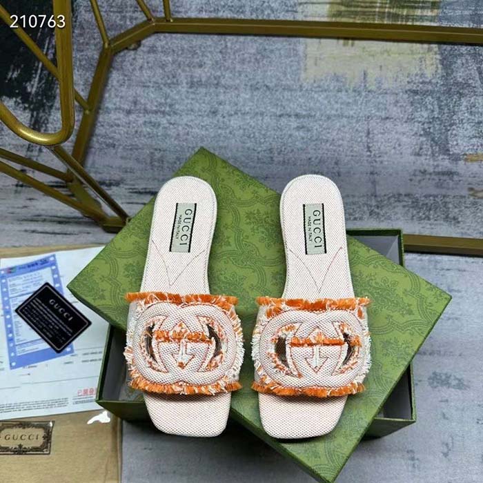 Gucci Unisex GG Interlocking G Slide Sandal Orange Canvas Leather Flat