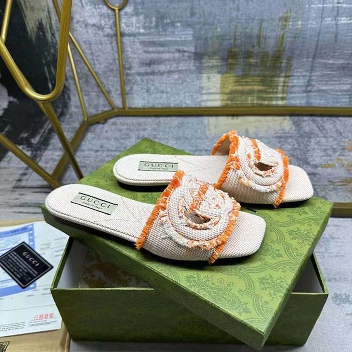 Gucci Unisex GG Interlocking G Slide Sandal Orange Canvas Leather Flat