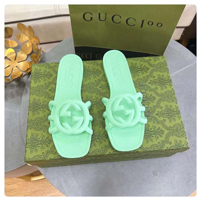 Gucci Unisex GG Interlocking G Slide Sandal Pale Green Rubber Flat