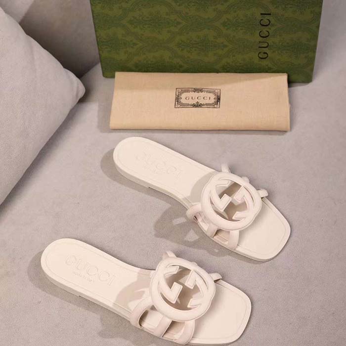 Gucci Unisex GG Interlocking G Slide Sandal White Rubber Flat