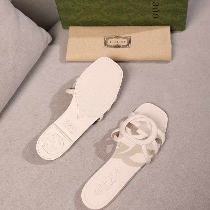 Gucci Unisex GG Interlocking G Slide Sandal White Rubber Flat