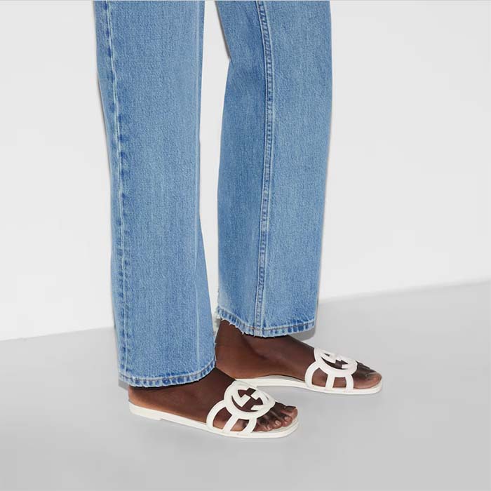 Gucci Unisex GG Interlocking G Slide Sandal White Rubber Flat