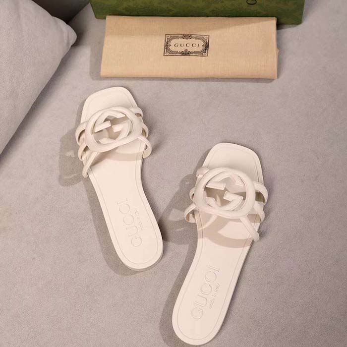 Gucci Unisex GG Interlocking G Slide Sandal White Rubber Flat