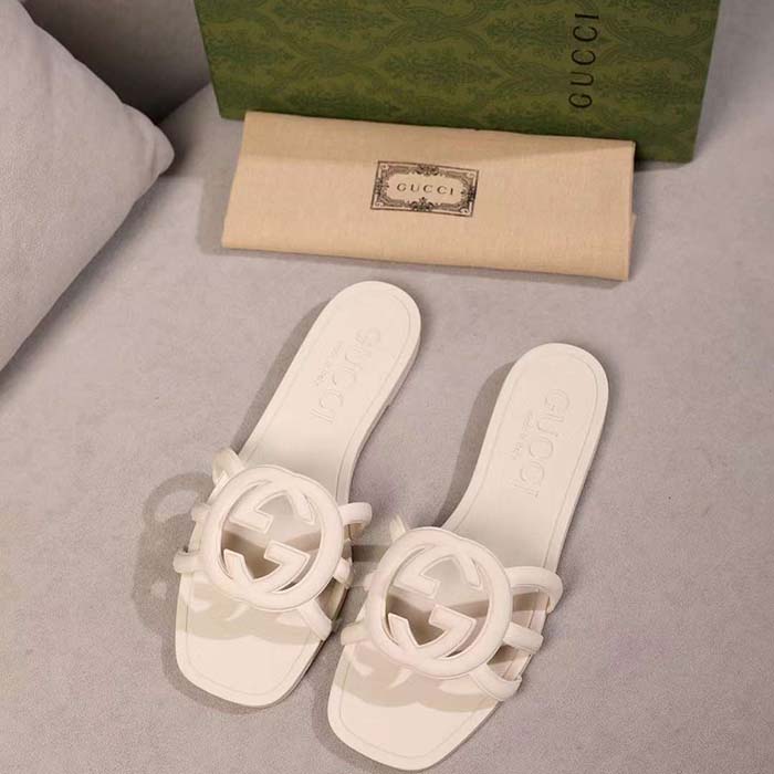 Gucci Unisex GG Interlocking G Slide Sandal White Rubber Flat