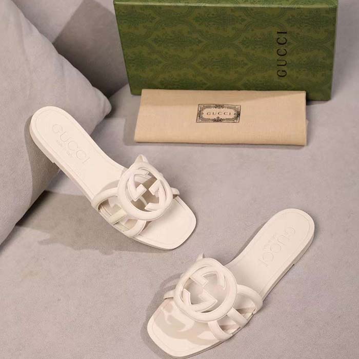 Gucci Unisex GG Interlocking G Slide Sandal White Rubber Flat