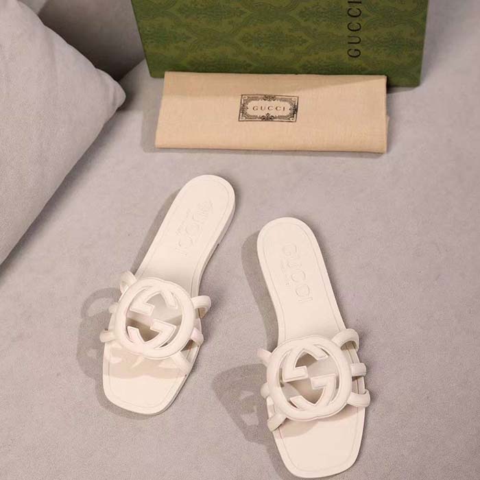 Gucci Unisex GG Interlocking G Slide Sandal White Rubber Flat