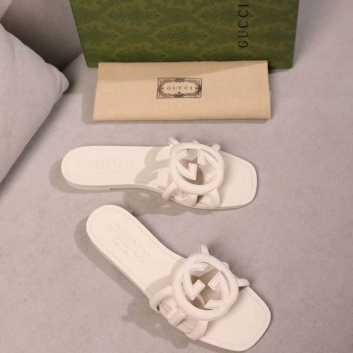 Gucci Unisex GG Interlocking G Slide Sandal White Rubber Flat